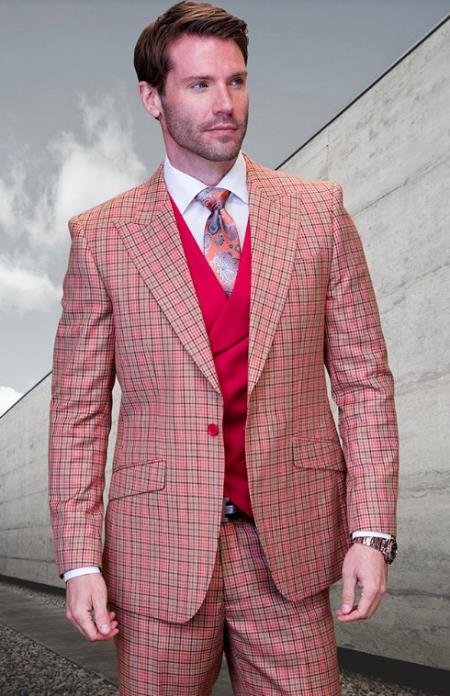 SKU#JA60725 Statement Suits - Plaid Suits - Vested Suits- Peak Lapel Suits - Red