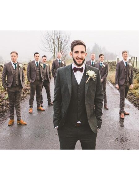 SKU#JA60726 Groomsmen Tweed Suit - Green Herringbone Suit