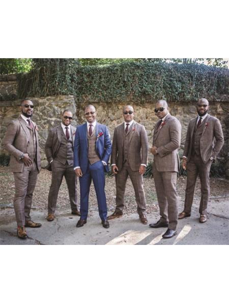 Groomsmen Tweed Suit - Blue ~ Brown Herringbone Suit