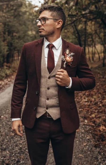 Groomsmen Tweed Suit - Maroon Herringbone Suit