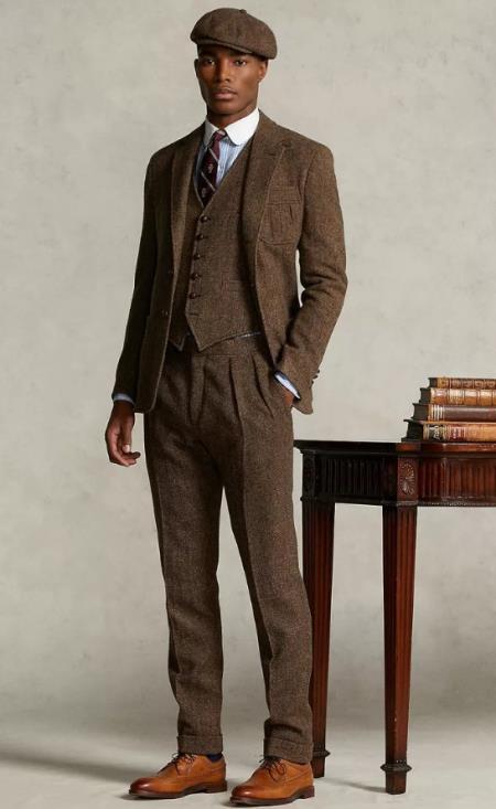 SKU#JA60729 Groomsmen Tweed Suit - Brown Herringbone Suit