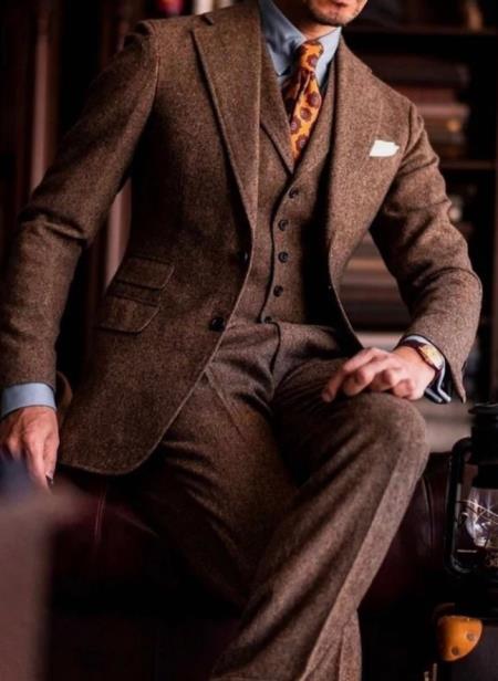 SKU#JA60729 Groomsmen Tweed Suit - Brown Herringbone Western Suit - Traje Para Hombre main image 1