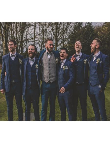 SKU#JA60733 Groomsmen Tweed Suit - Blue Herringbone Suit