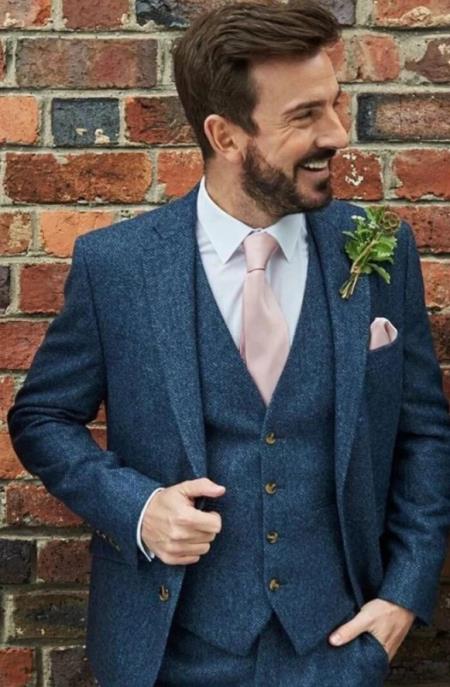 SKU#JA60735 Groomsmen Tweed Suit - Blue Herringbone Suit