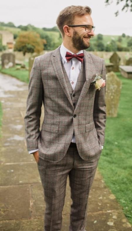 SKU#JA60782 Groomsmen Tweed Suit - Brown Herringbone Suit