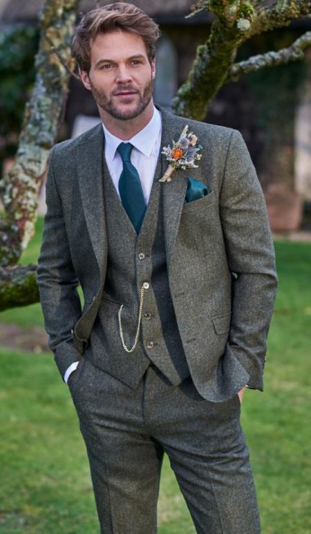 SKU#JA60784 Groomsmen Tweed Suit - Green Herringbone Suit