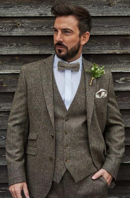 SKU#JA60785 Groomsmen Tweed Suit - Brown Herringbone Suit