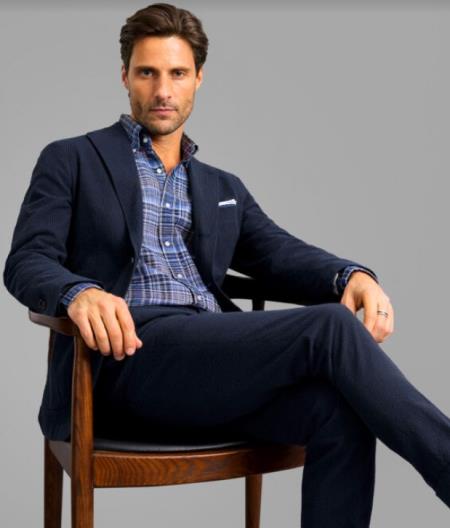 SKU#JA60890 Navy on Navy Seersucker Suit - Cotton Suit - Summer Suit - Shadow Stripe Pattern