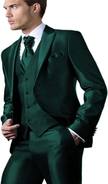 Shiny Suit - Prom  2026 Suit - Vested Sateen Flashy Suit - Emerald