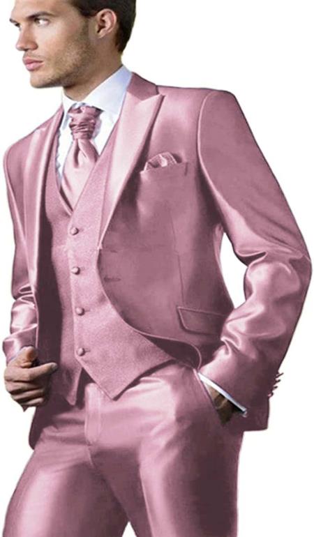 Shiny Suit - Prom 2026 Suit - Vested Sateen Flashy Suit - Pink