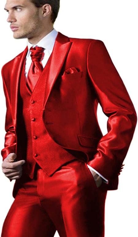 Shiny Suit - Prom 2025 Suit - Vested Sateen Flashy Suit - Red