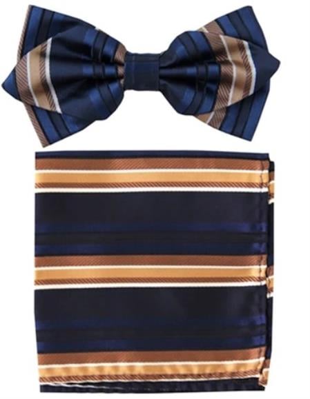 Mens Formal - Wedding Bowtie - Prom 2025 Navy and Brown Stripe Bowtie