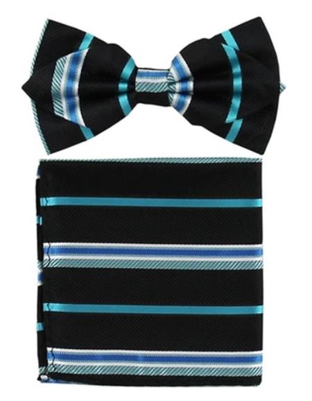 Mens Formal - Wedding Bowtie - Prom 2025 Black and Teal Stripe Bowtie