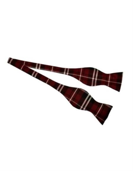 Mens Formal - Wedding Bowtie - Prom 2025 Burgundy Plaid Self Tie Bowtie