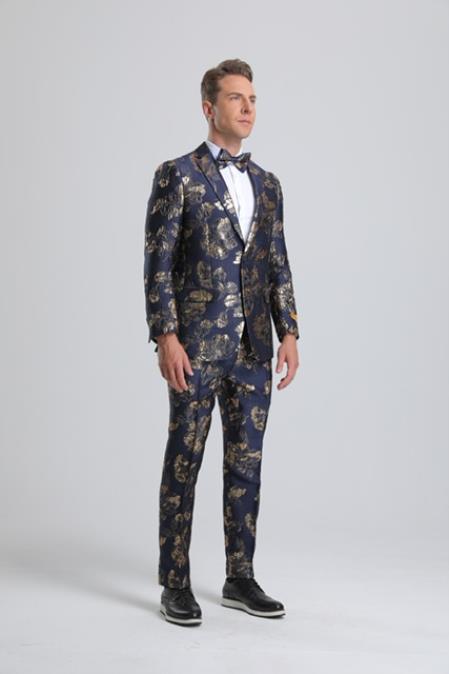 Mens Prom Tuxedo Paisley Suit - Wedding Floral Suit- Blue Wedding Jacket + Vest + Pants