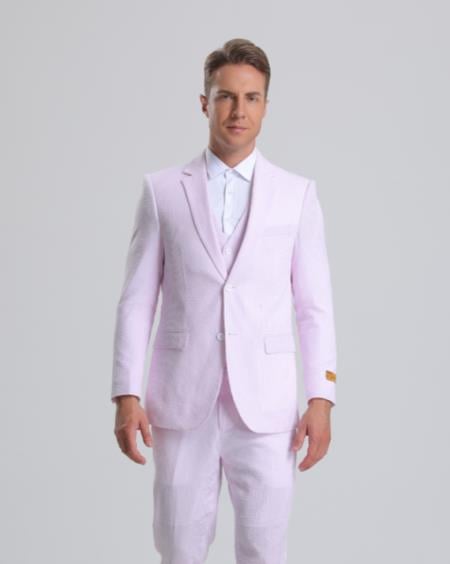 SKU#JA61389 Seersucker Suit - Summer Suit - Cotton Suit - White main image 1