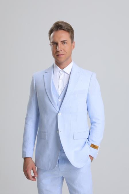 SKU#JA61391 Seersucker Suit - Summer Suit - Cotton Suit - Light Blue main image 1