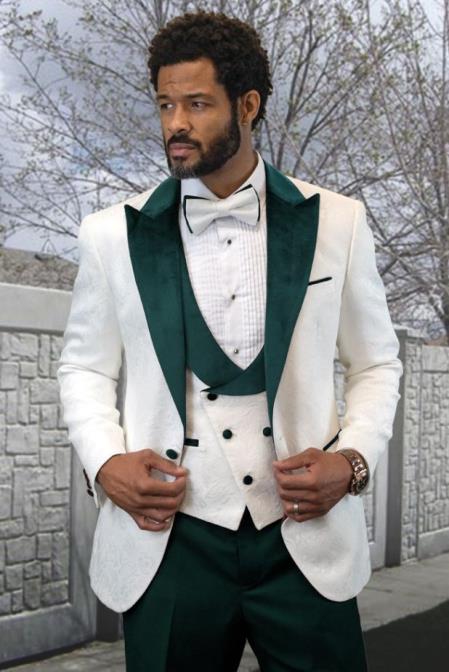 Statement Men's Hunter Green Patterned Vested Tuxedo with Bowtie main image 0