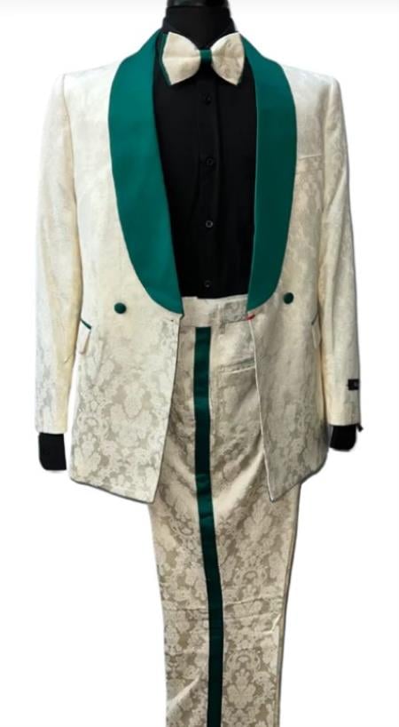 White and Ivory and Green Tuxedo Suit - Prom Suit - Prom 2026 Wedding Suit