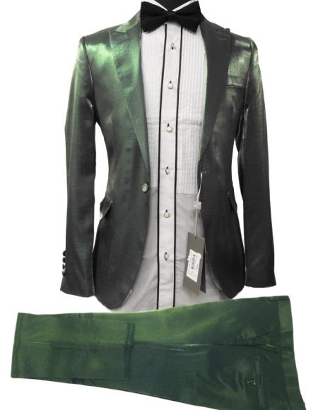 Rossiman Men’s Green Sateen Suit – Glossy Finish with Modern Flair