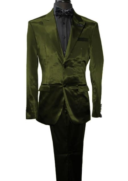 Mens Shiny Blazer - Olive Green Sateen Vested Suit