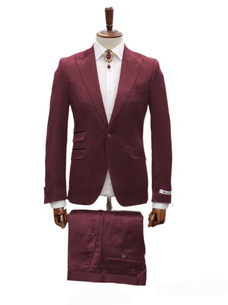 Mens Shiny Blazer - Burgundy Sateen Vested Suit