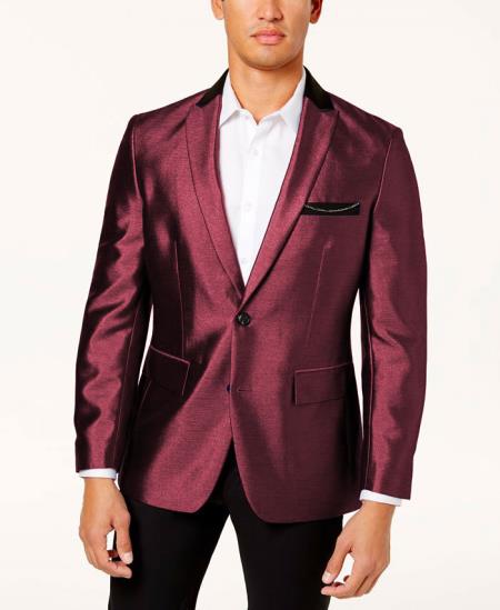 Mens Shiny Blazer - Burgundy Sateen Vested Suit