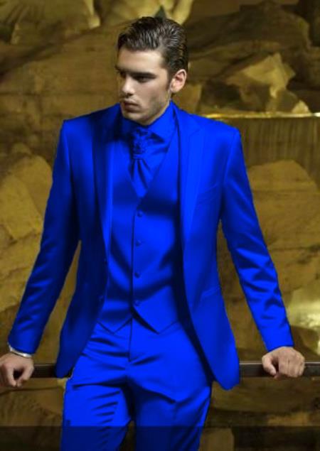 Mens Shiny Blazer - Royal  Blue Sateen Vested Suit - Sateen Fabric