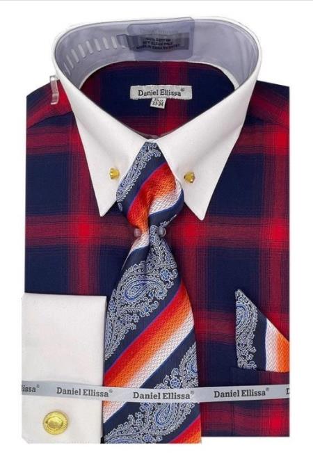 Red and Black Pin Collar Dress Shirt With Collar Bar