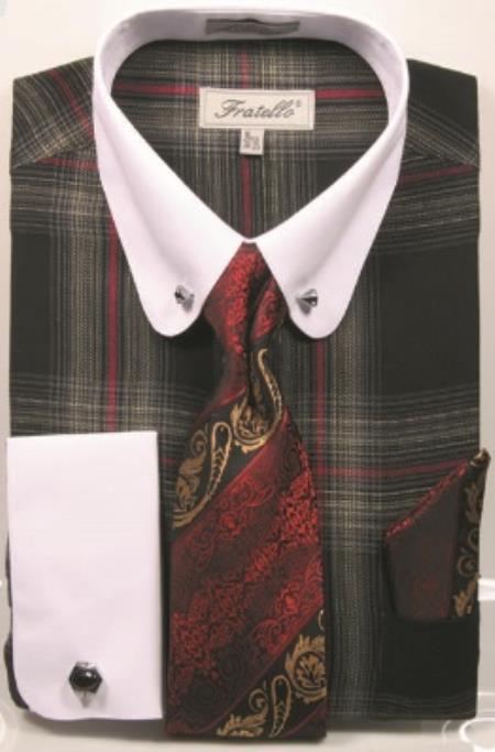 Black Pin Collar Dress Shirt With Collar Bar