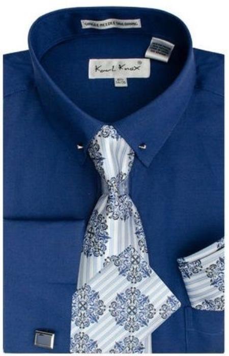 Navy Pin Collar Dress Shirt With Collar Bar