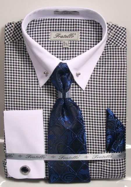 White ~ Navy Pin Collar Dress Shirt With Collar Bar