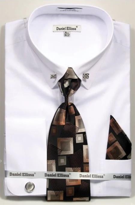 White Pin Collar Dress Shirt With Collar Bar