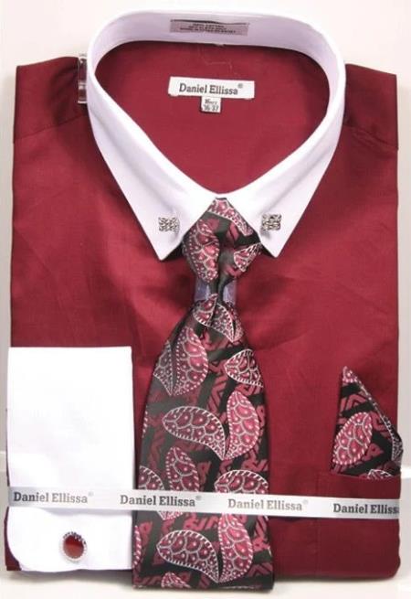 Burgundy Pin Collar Dress Shirt With Collar Bar