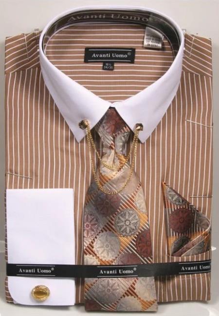 Beige Pin Collar Dress Shirt With Collar Bar