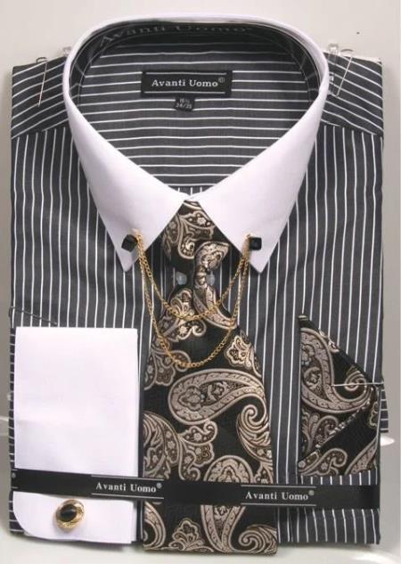 Black Pin Collar Dress Shirt With Collar Bar