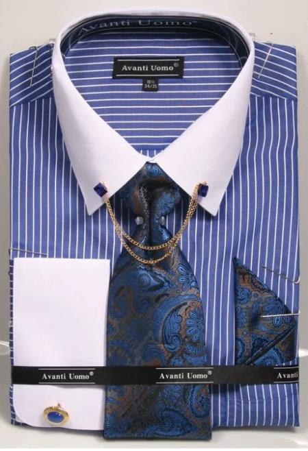 Royal Pin Collar Dress Shirt With Collar Bar