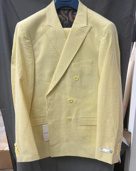 Double Breasted Suit - Seersucker Suit - Light Yellow Summer Suit
