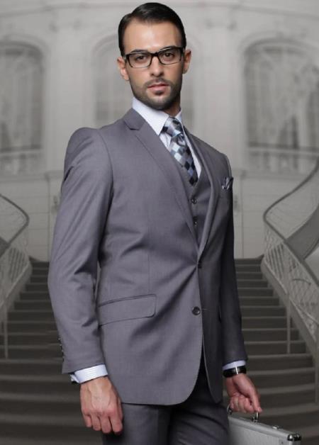 Mens Suits Regular Fit - Wool Suit - Pleated Pants - Charcoal Grey Suit