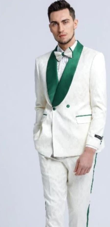 White and Hunter Green Tuxedo Vested Suit - Wedding Tuxedo main image 1