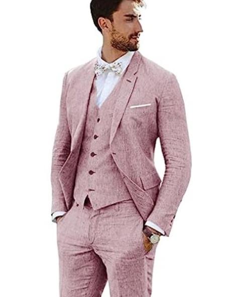 3 Piece Linen Suit - Pink Mens Suit - Vested summer Suit
