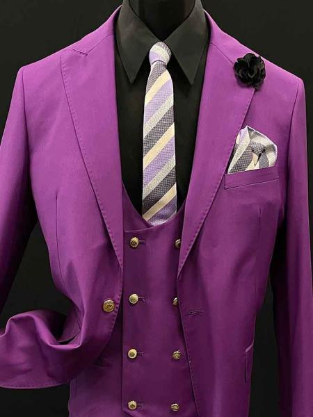 Mens One Button Peak Lapel Purple Suit