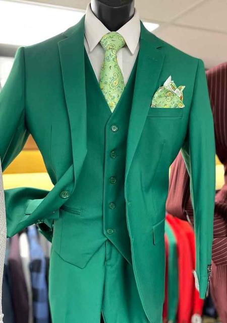Mens One Button Notch Lapel Green Suit