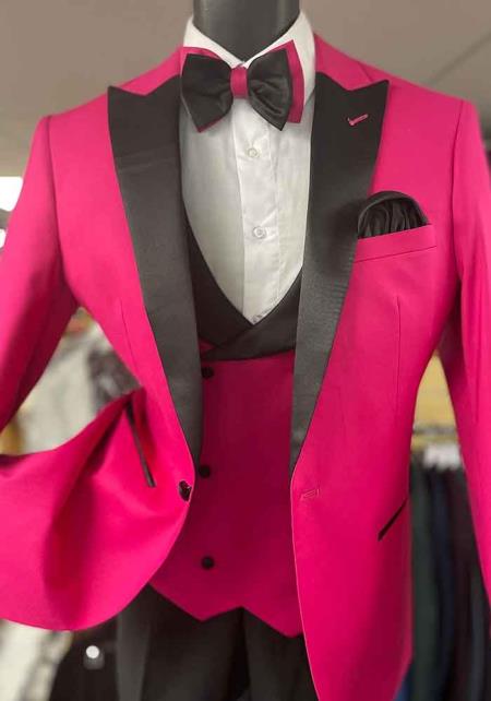 Mens One Button Peak Lapel Pink Suit - Slim Fit