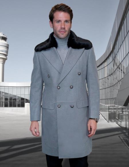 Statement Double Breasted Grey Removable Fur