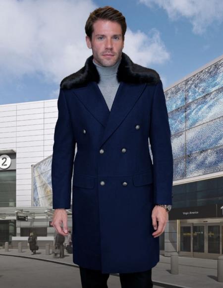 Statement Double Breasted Navy Removable Fur