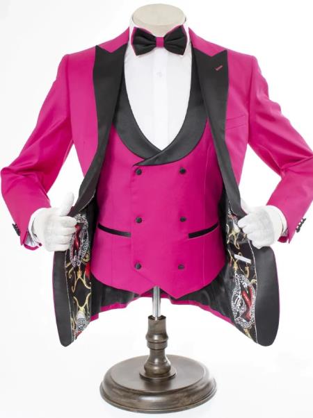 Mens 2 Button Peak Lapel Prom 2026 Tuxedo with Double Breasted Vest in Rose Pink