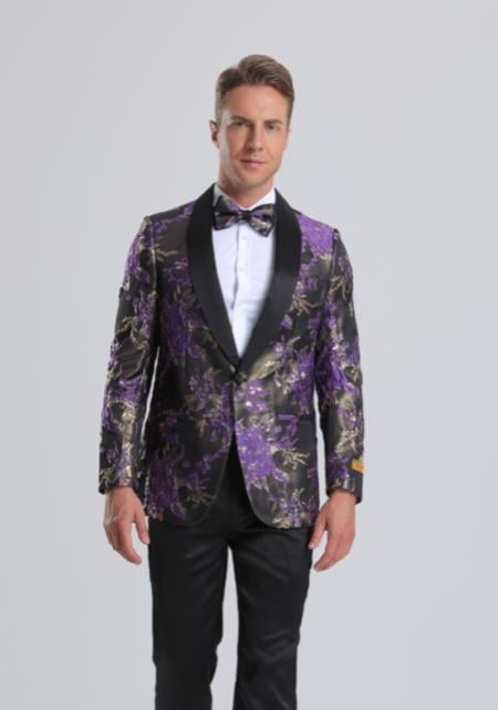 Gold Paisley - Gold Floral Suit With Bowtie With Pants