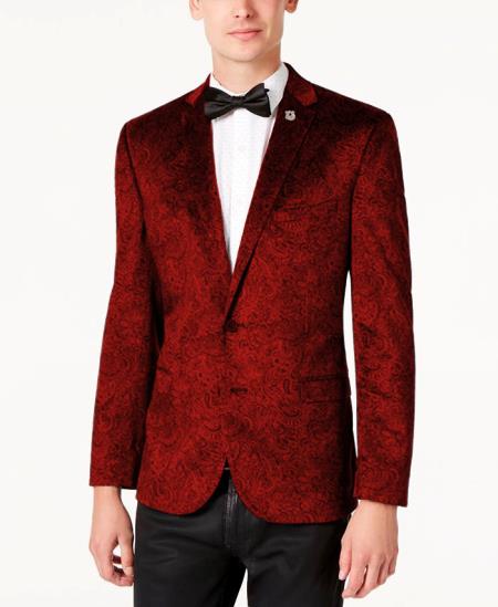 Mens Red Blazer - Paisley Sport Coat - Floral Flower Jacket With Matching Bow Tie mensusain