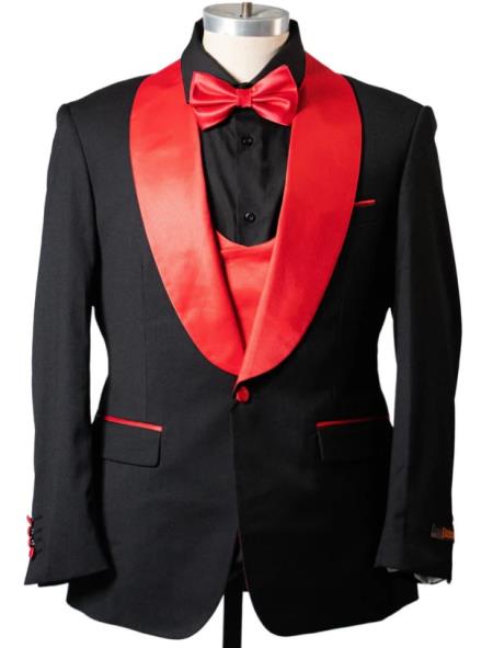 1 Button Shawl Lapel Tuxedo with Vest Black and Red